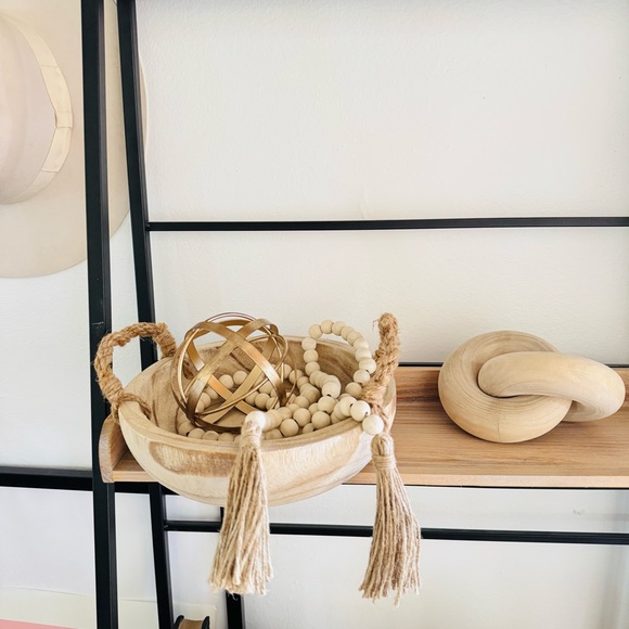 NEW POTTERY BARN White Cream Tan Wood Decor Low Bowl Knot Beads Chain Sphere - Picture 15 of 16